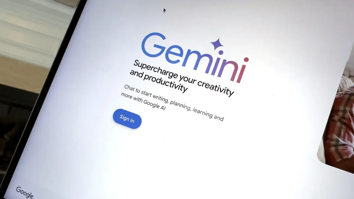 Tela inicial do Gemini - Plataforma de IA do Google Tela inicial do Gemini mostrando a interface de login e o slogan da plataforma para impulsionar a criatividade e produtividade.
