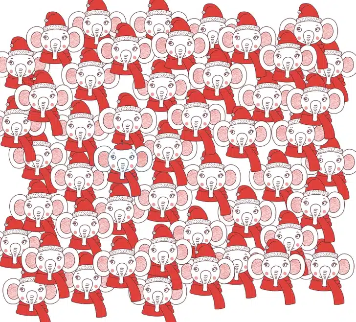 Teste visual com um grupo de elefantes desenhados com gorros e cachecóis vermelhos.