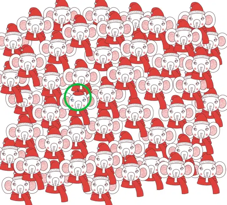 Teste visual com um grupo de elefantes desenhados com gorros e cachecóis vermelhos.