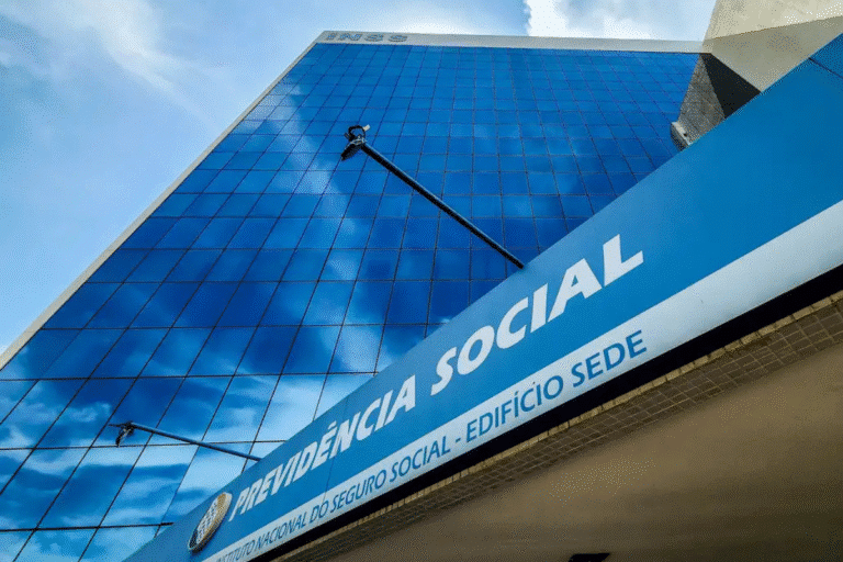 Fachada moderna em vidro azul do edifício sede da Previdência Social com letreiro em destaque
