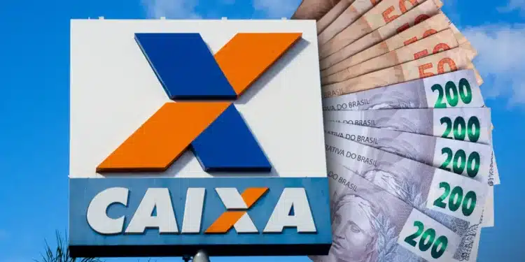 Logotipo da Caixa Econômica Federal ao lado de cédulas de real, representando pagamento de benefícios e saques autorizados.