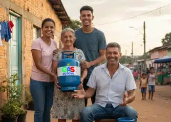 Família sorridente exibindo botijão de gás durante o início do vale-recarga do Gás do Povo.