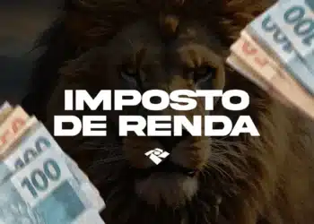 Ilustração sobre Imposto de Renda com notas de dinheiro e imagem simbólica de um leão ao fundo.
