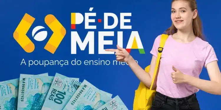 Imagem de jovem sorridente apontando para o logo do Pé-de-Meia com notas de R$100 ao fundo, informando sobre o pagamento de R$200 nos dias 27 e 28/11.