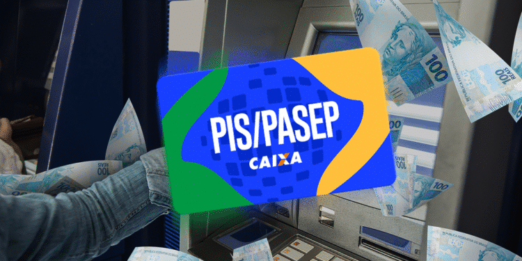 Caixa eletrônico dispensando múltiplas notas de cem reais com logo PIS-PASEP flutuando representando saque do abono salarial