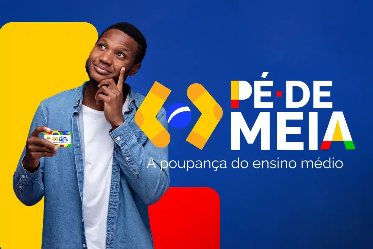 Programa Pé de Meia - Jovem estudante do ensino médio exibindo cartão do programa Pé de Meia em campanha institucional