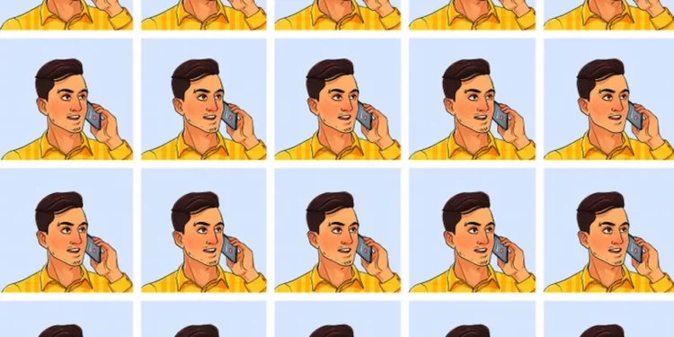 Imagem com um desafio visual: jovem em camisa amarela falando ao telefone. O objetivo é identificar a principal diferença entre as várias versões da imagem.