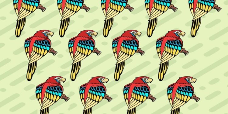 Desafio visual com uma ilustração de várias araras coloridas em tons de vermelho, azul e amarelo, organizadas em três fileiras sobre fundo bege