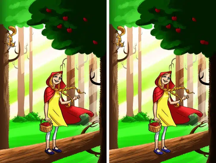 Desafio visual com uma garota vestida de capa vermelha na floresta, segurando uma cesta com maçãs, com esquilo no galho e maçãs na árvore.