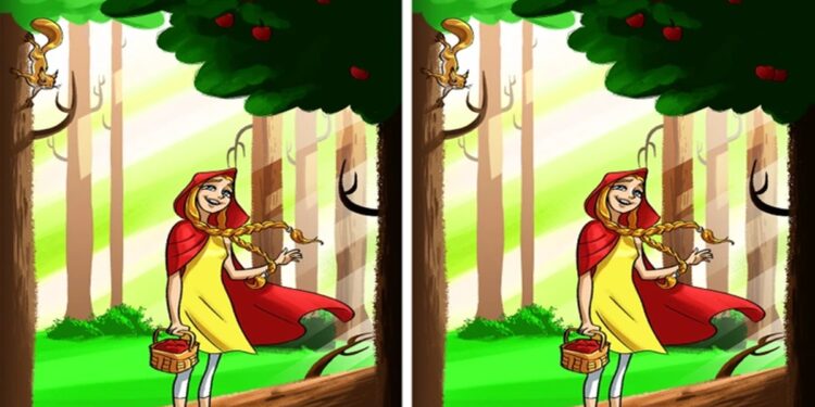 Desafio visual com uma garota vestida de capa vermelha na floresta, segurando uma cesta com maçãs, com esquilo no galho e maçãs na árvore.