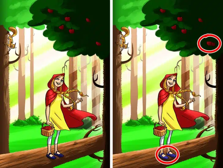 Desafio visual com uma garota vestida de capa vermelha na floresta, segurando uma cesta com maçãs, com esquilo no galho e maçãs na árvore.