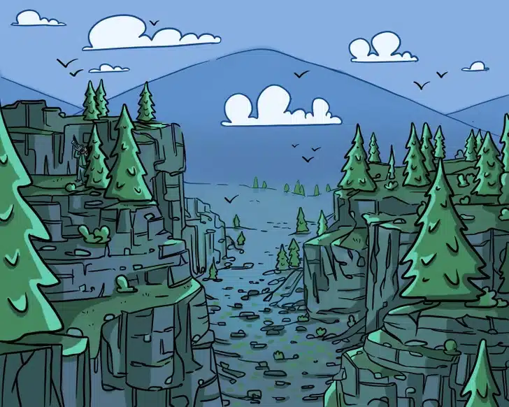Localize o fotógrafo escondido em um cânion com rochas, diversas árvores e uma montanha. Desafio visual com ilustração de um cânion rochoso, árvores verdes, pássaros em voo e uma montanha azul ao fundo sob um céu límpido.