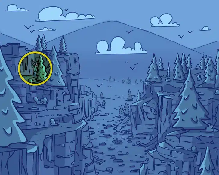 Encontre o fotógrafo escondido no cânion com árvores e montanha ao fundo Desafio visual com ilustração de um cânion rochoso, árvores verdes, pássaros em voo e uma montanha azul ao fundo sob um céu límpido.