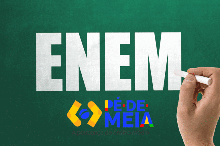 Imagem ilustrativa sobre o ENEM 2025 e o programa Pé-de-Meia, com o logotipo do programa e destaque para a frase ENEM em letras grandes em fundo verde.