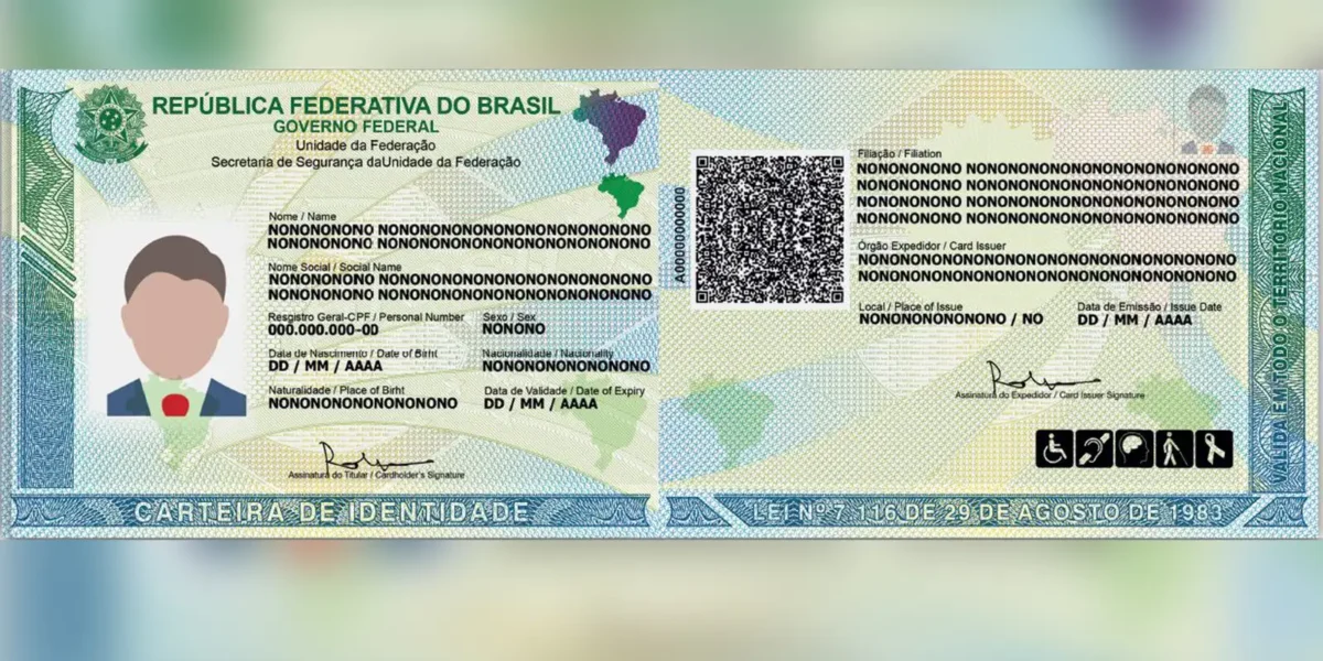 Frente e verso da carteira de identidade brasileira com dados pessoais e QR code para verificação