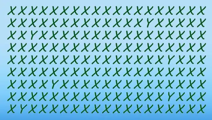 Teste visual com várias letras X verdes espalhadas sobre fundo azul, contendo algumas letras Y escondidas.