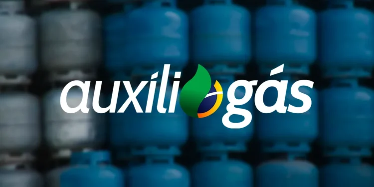 Logo do Auxílio Gás sobre fundo com botijões azuis