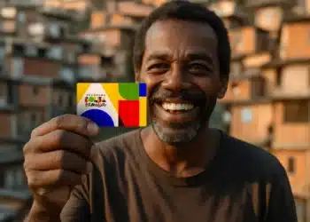 Idoso sorridente segurando cartão do Bolsa Família em comunidade urbana, representando benefícios sociais em 2026.