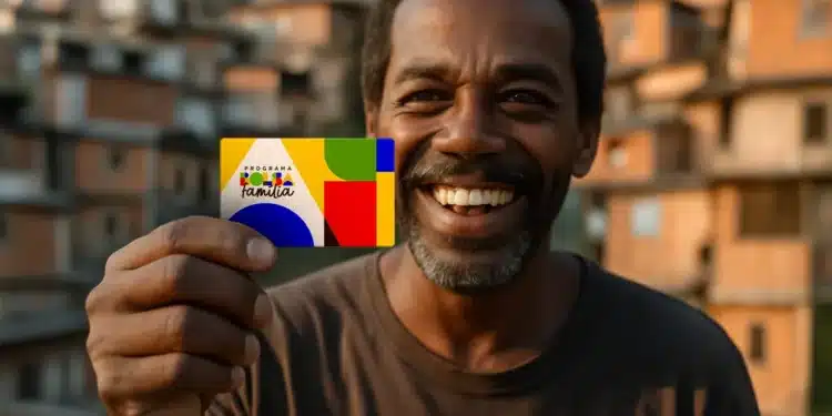 Idoso sorridente segurando cartão do Bolsa Família em comunidade urbana, representando benefícios sociais em 2026.