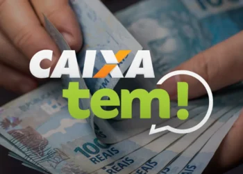 Logo do Caixa Tem sobre notas de 100 reais.