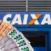 Notas de real à frente de uma agência da Caixa Econômica Federal relacionadas ao pagamento de R$ 800 para CPFs finalizados de 0 a 9 no dia 10/12.
