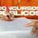 Pessoa escrevendo com caneta vermelha em caderno branco, preparando-se para concursos públicos