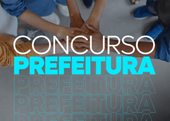 Mãos unidas em sinal de colaboração com texto Concurso Prefeitura destacado em azul e branco