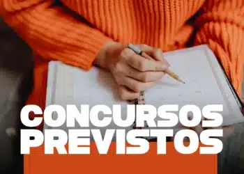 Pessoa com suéter laranja anotando em agenda de planejamento mensal para concursos previstos