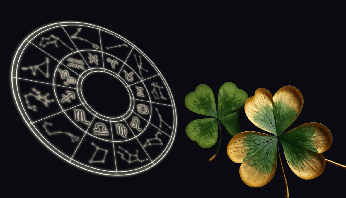 Signos com sorte Roda do zodíaco iluminada e dois trevos da sorte, um verde e outro com bordas douradas.