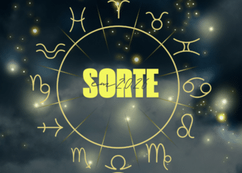 Roda do zodíaco sobre fundo nebuloso com texto amarelo "Sorte em 2026"