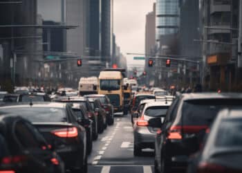 Trânsito pesado com muitos carros e ônibus parado em rua movimentada de uma grande cidade.