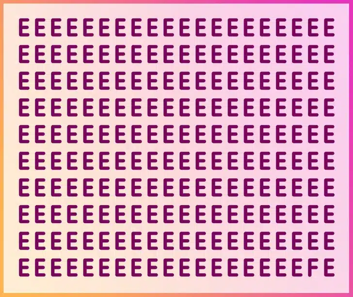 Desafio visual com várias letras E em formato de grade e uma letra F escondida entre elas