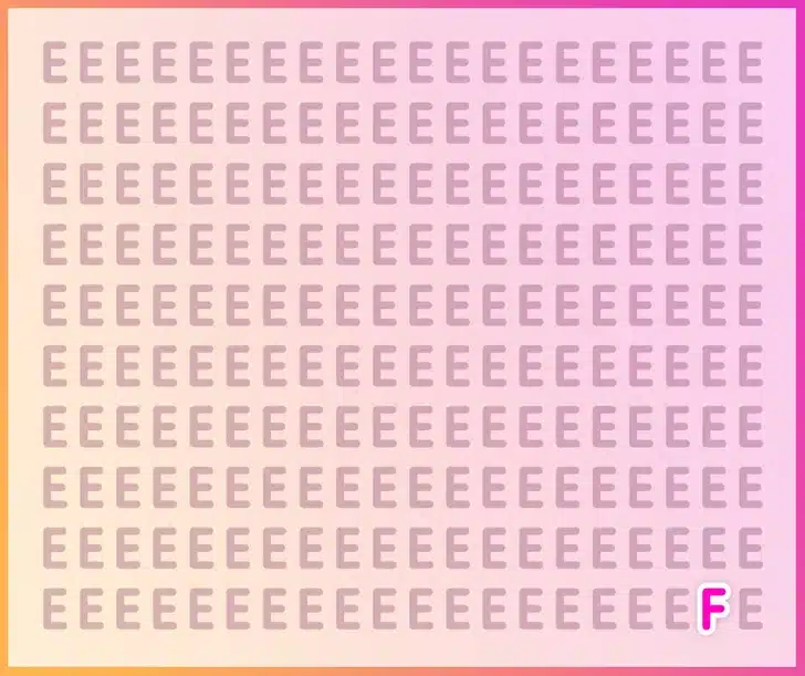 Desafio visual com várias letras E em formato de grade e uma letra F escondida entre elas