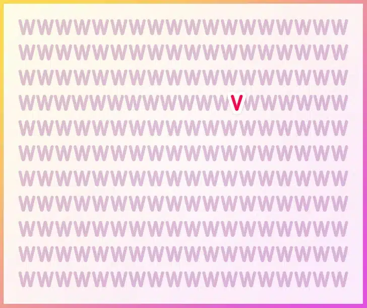 Encontre a letra V entre as várias letras W roxas em fundo rosa Desafio visual com sequência repetida de letras W roxas sobre um fundo rosa