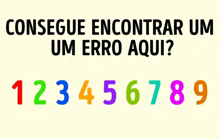 Desafio visual para testar sua atenção encontrando o erro escondido na imagem. Teste de QI com pergunta "Consegue encontrar um um erro aqui?" e números coloridos de 1 a 9