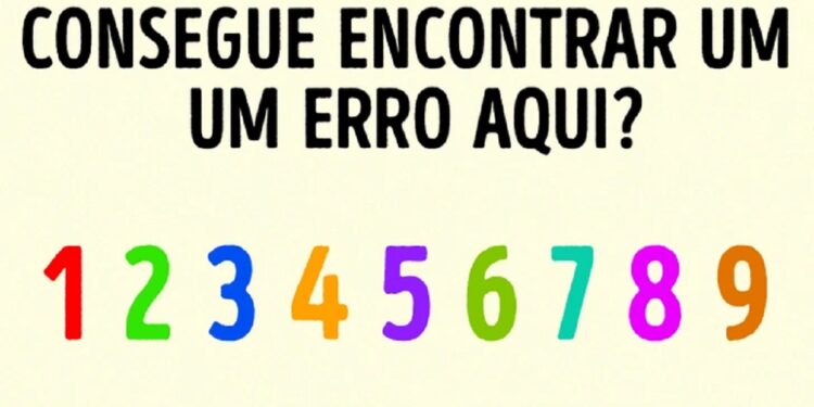 Teste de QI com pergunta "Consegue encontrar um um erro aqui?" e números coloridos de 1 a 9