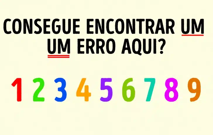 Desafio: Encontre o erro na imagem com uma sequência numérica Teste de QI com pergunta "Consegue encontrar um um erro aqui?" e números coloridos de 1 a 9