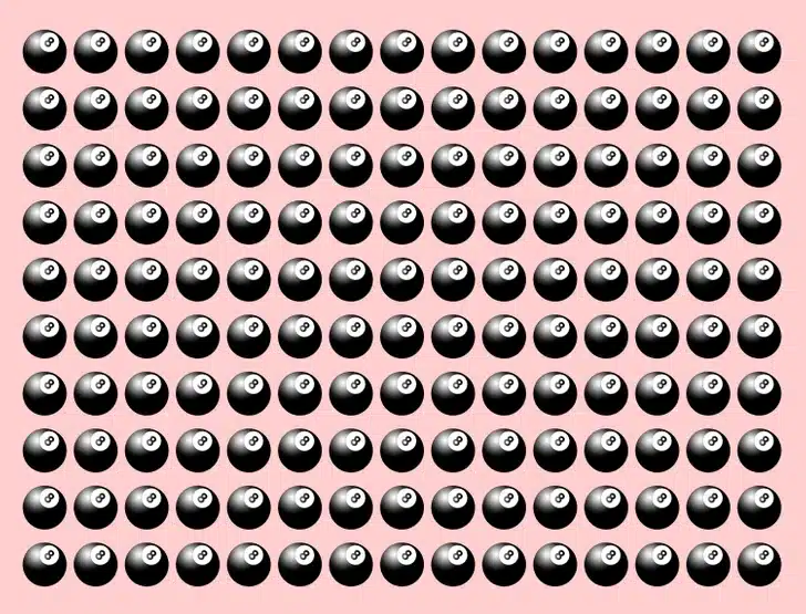 Ache a bola de bilhar com o número diferente entre as bolas de bilhar número 8. Teste visual com várias bolas de bilhar pretas com número 8 organizadas uniformemente sobre fundo rosa