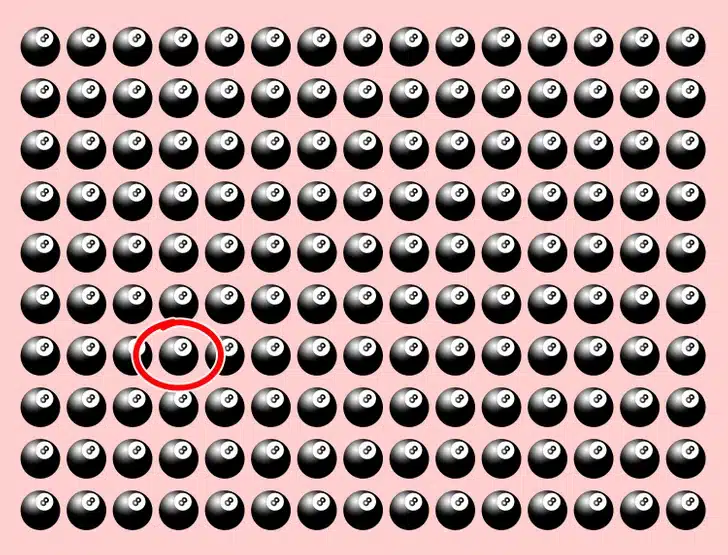 Encontre a bola de bilhar diferente entre as bolas de bilhar 8 organizadas em padrão sobre fundo rosa Teste visual com várias bolas de bilhar pretas com número 8 organizadas uniformemente sobre fundo rosa