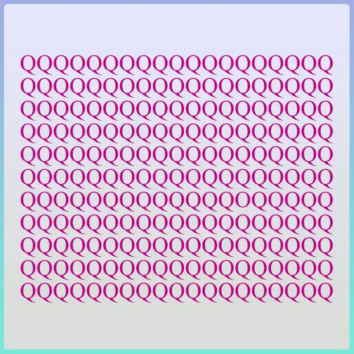 Encontre a única letra O escondida entre várias letras Q. Teste visual com várias letras Q em cor vinho organizadas em linhas, com uma letra O entre elas