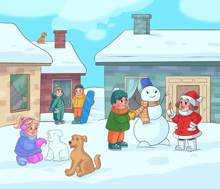 Encontre dois erros nesta cena de inverno. Teste visual com crianças construindo boneco de neve e brincando com cachorros em um quintal coberto de neve