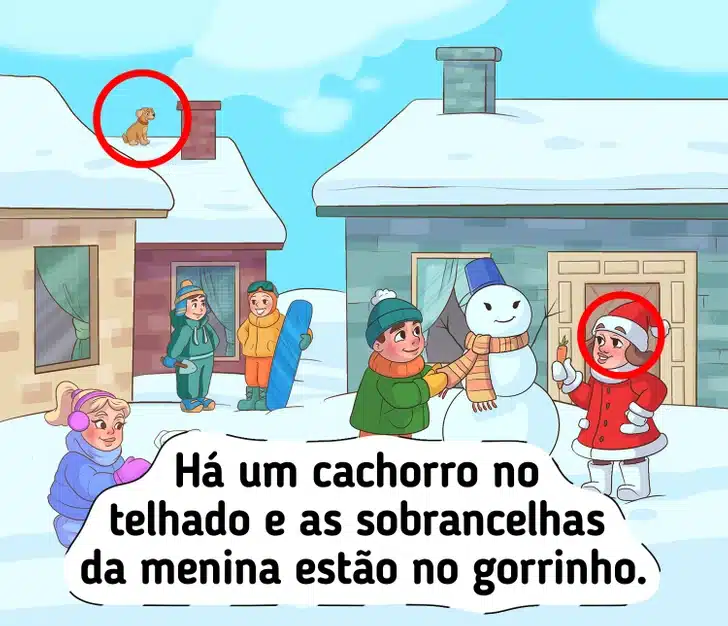 Ache os erros na imagem com crianças e cachorros brincando na neve no inverno Teste visual com crianças construindo boneco de neve e brincando com cachorros em um quintal coberto de neve
