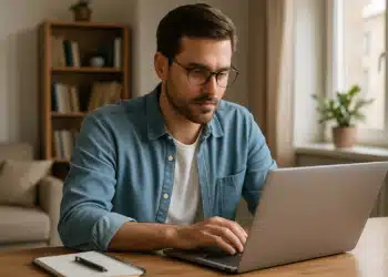 Homem jovem trabalhando em laptop em casa