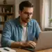 Homem jovem trabalhando em laptop em casa