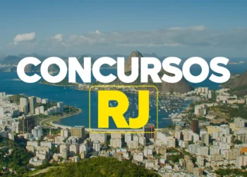 Vista aérea da cidade do Rio de Janeiro com texto concursos RJ em destaque
