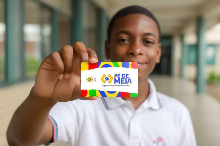 Estudante exibindo o cartão do programa Pé-de-Meia, relacionado aos novos pagamentos anunciados pelo governo em 2026, com foco no logo colorido e a mensagem sobre a poupança para alunos do ensino médio.