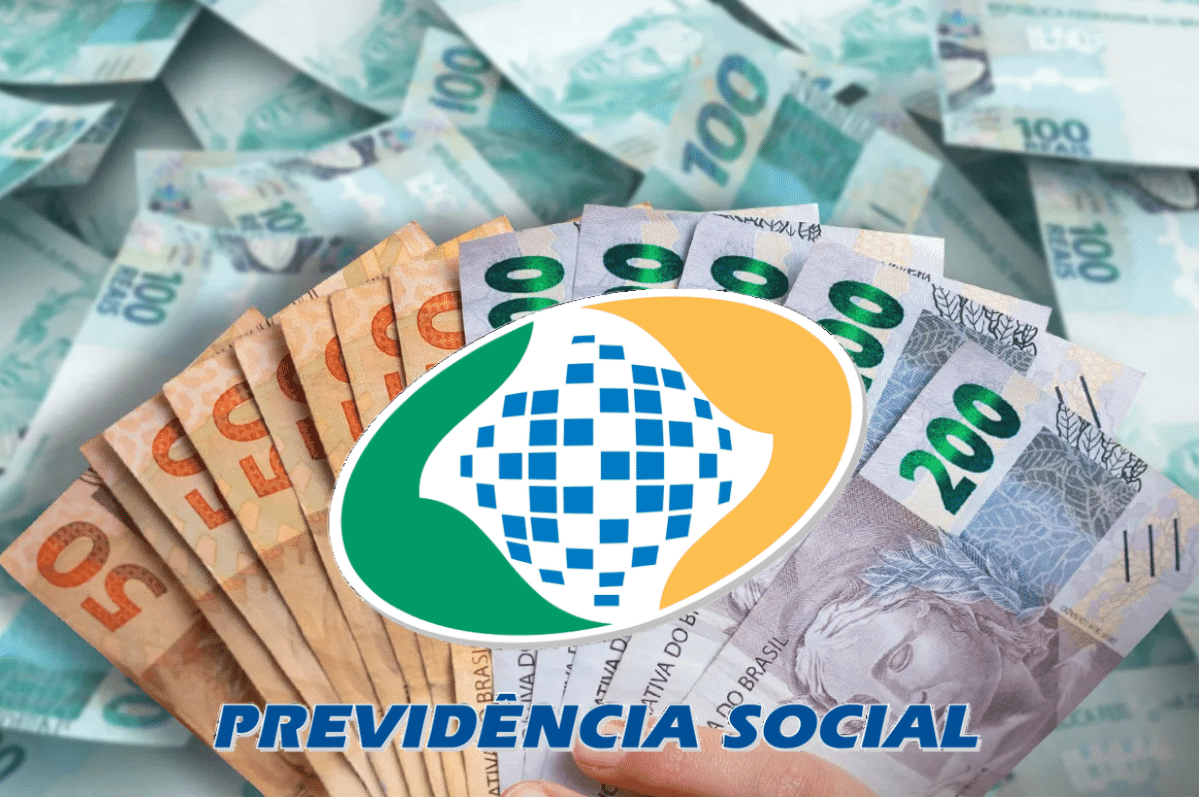 Notas de real com símbolo da Previdência Social representando o saque do teto do INSS de R$ 8.157,41