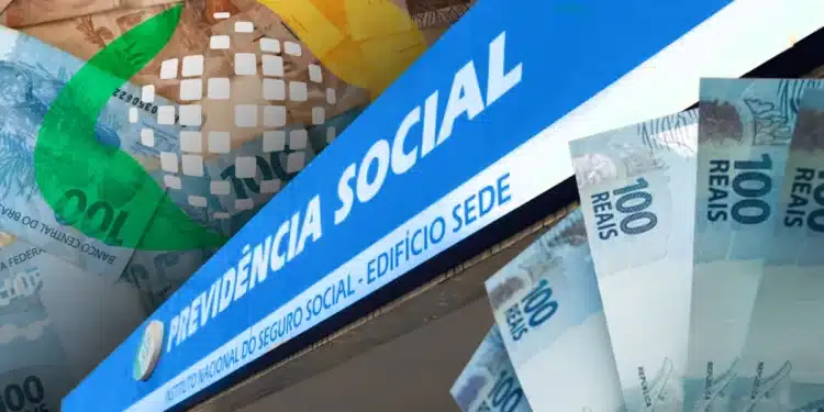 Fachada da Previdência Social com cédulas de real ilustrando liberação de saque do INSS para beneficiários finais 2 e 7