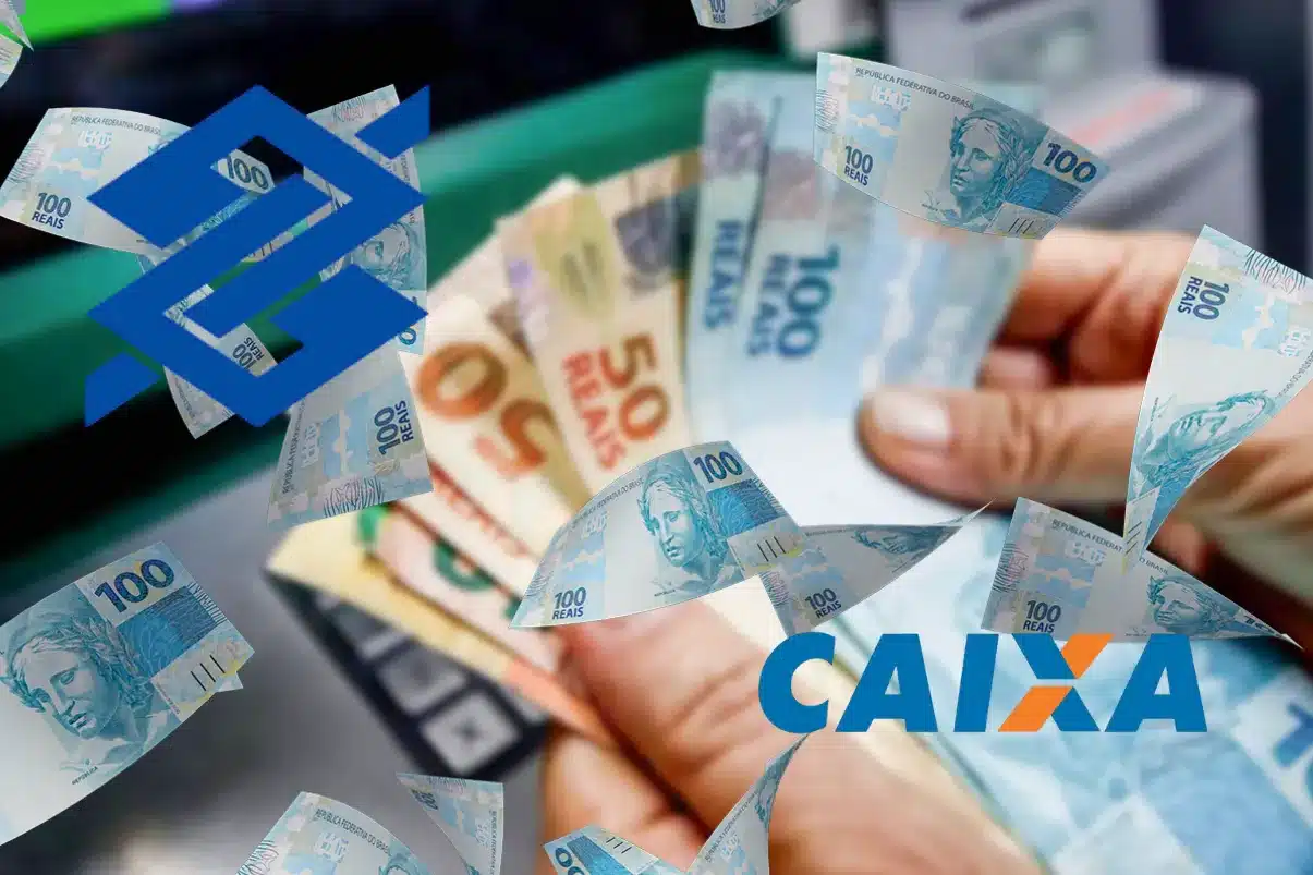 Cédulas de reais e os logotipos da Caixa e do Banco do Brasil, representando o PIX de R$ 1.621 realizado pelas instituições.