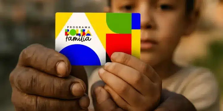 Cartão do programa Bolsa Família sendo mostrado por uma criança, ilustrando a importância de seguir as regras para evitar penalidades.